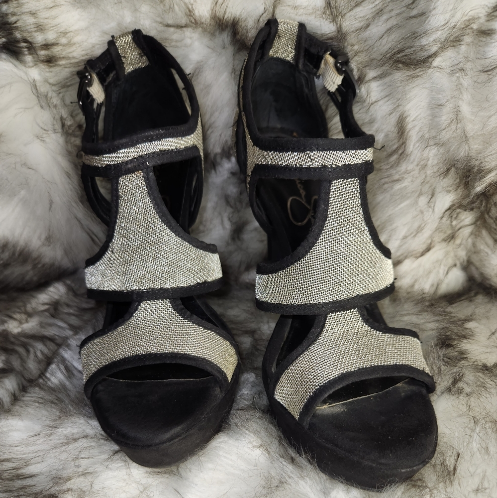 Black, metallic platform high heels